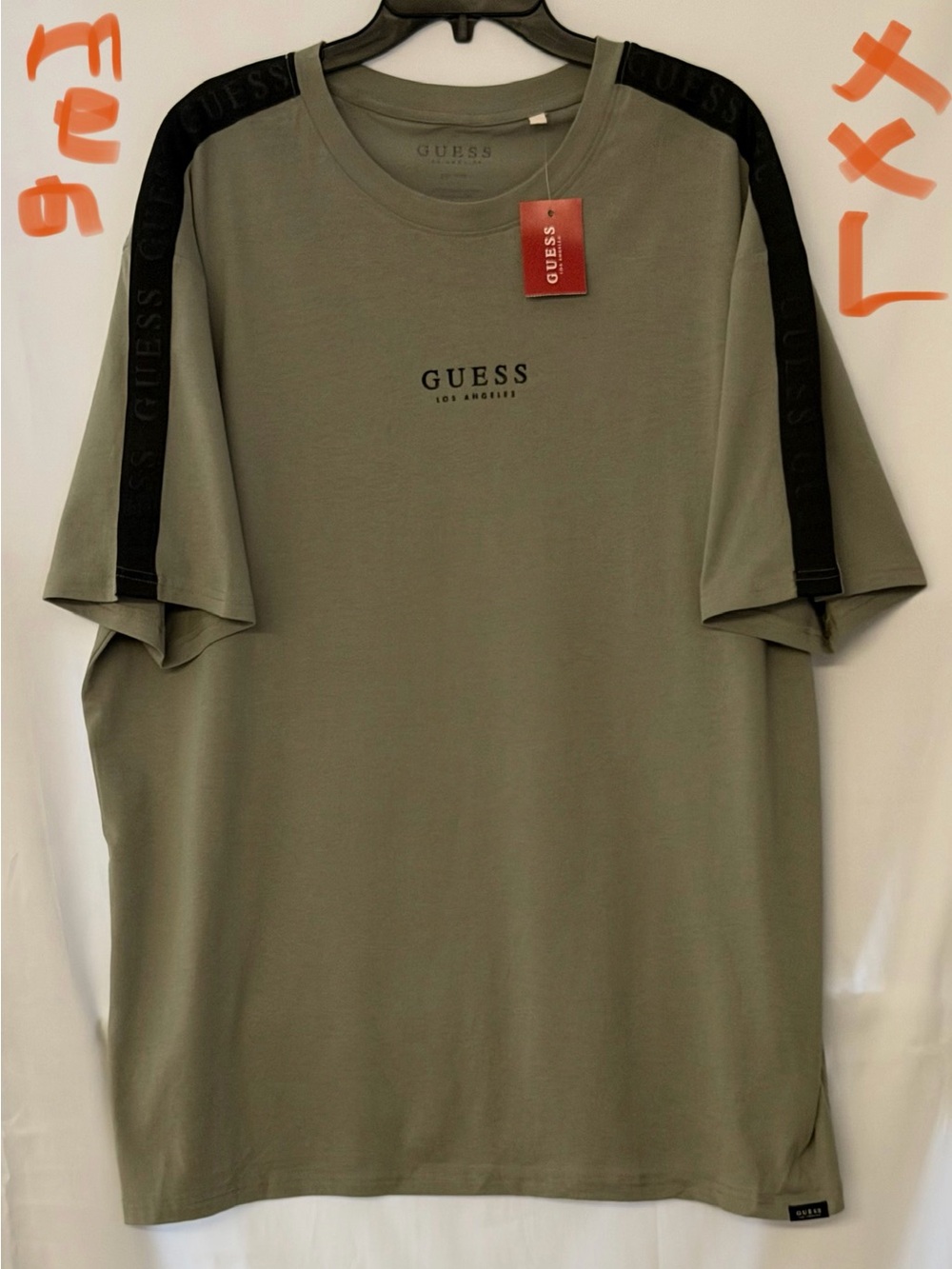 GUESS Olive Green Short Sleeve Tee with Black Shoulder Tape